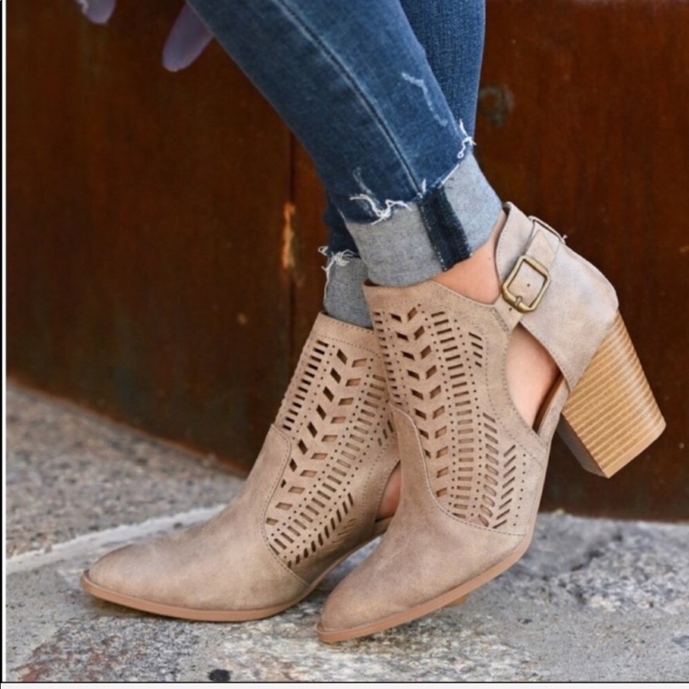 Taupe Laser Cut Closed Toe Booties